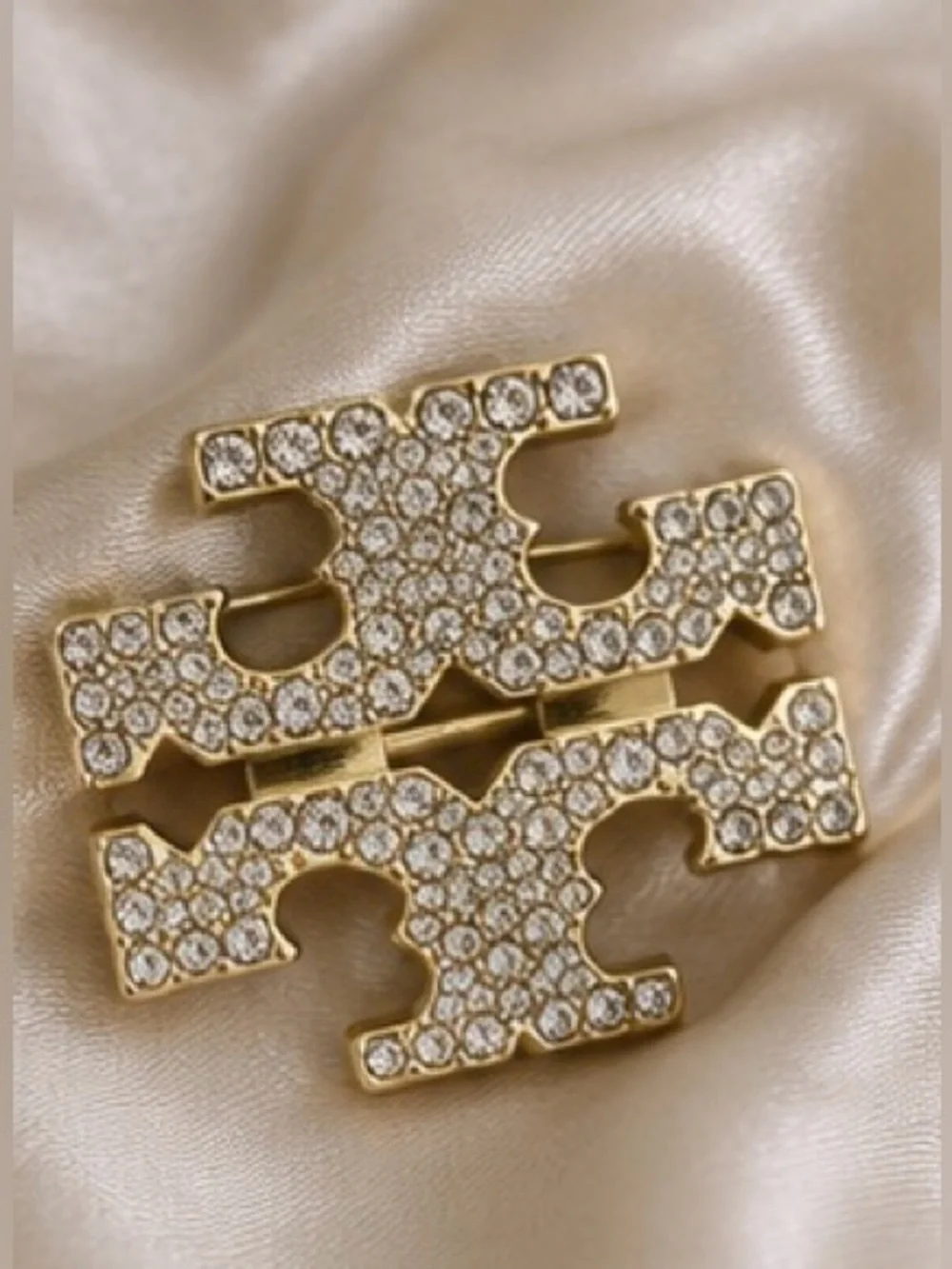 Gold Tone Crystal Statement Brooch Rhinestone Double T Pin